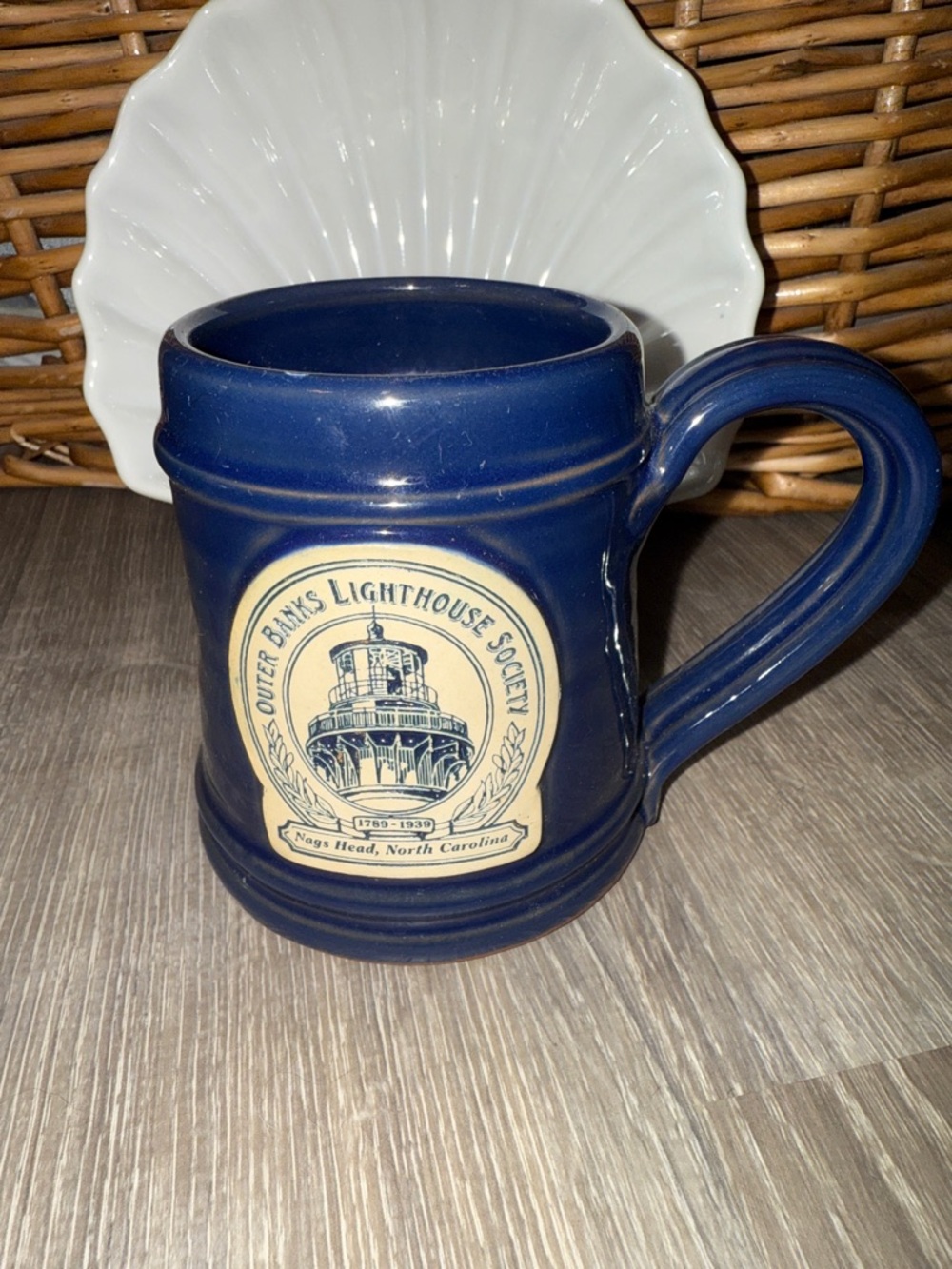 Deneen Pottery Roanoke Lighthouse Nags Head, NC Navy Blue Mug Stamped